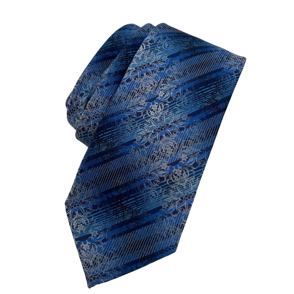 Stacy Adams Mens Blue Silver Floral Damask Striped Microfiber Necktie